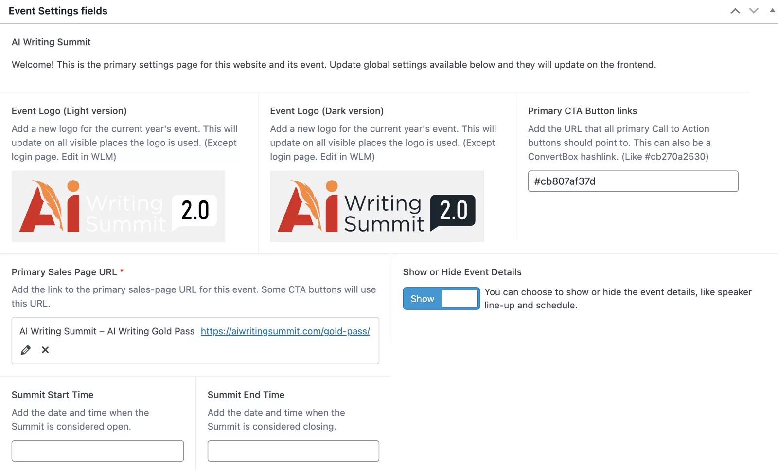 A custom settings page build for the summit.